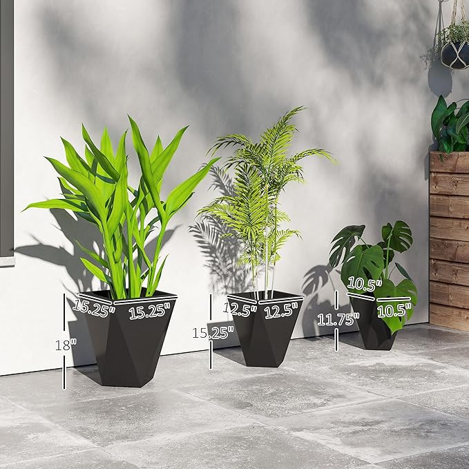 Outsunny Set of 3 Tall Planters, 18", 15.25", 11.75", MgO Indoor Outdoor Planters with Drainage Holes, Stackable Flower Pots for Garden, Patio, Balcony, Front Door, Black