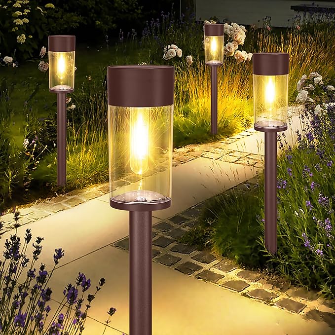 UME 2 Pack Solar Pathway Lights Outdoor, Bright Solar Garden Lights with Metal Design–IP65 Waterproof, Auto On/Off, 3000K LED Landscape Lighting for Yard, Lawn, Walkway, Driveway, Patio Decor