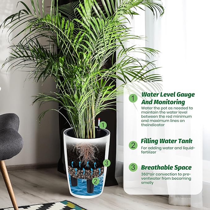 16 in Tall Planters Set of 2, Plant Pots, Self Watering Pots for Indoor Plants, Flower Pots with Built-in Drainage and Visual Water Level Design, for Patio, Porch, Living Room, or Home Office, White