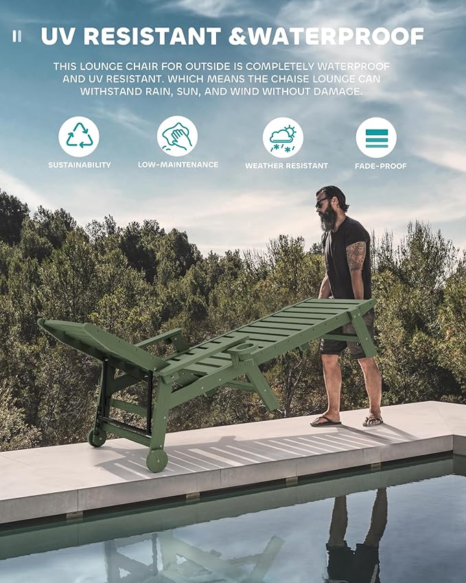 SERWALL Patio Chaise Lounge Chair Set of 2, 78'' Long 5-Positions Adjustable HDPE Outdoor Lounger for Pool, Poly Lounge Chair with Rolling Wheels & Cup Holder for Poolside, Deck, Avocado Green