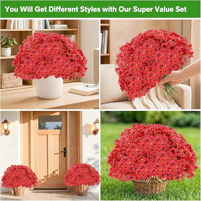 22 Pack Artificial Flowers Outdoor Fake Plants, Faux Flowers UV Resistant with Plastic Plants, Faux Silk Flowers for Outdoors Outside Front Porch Hanging Planter Window Box Garden Decoration(Red)