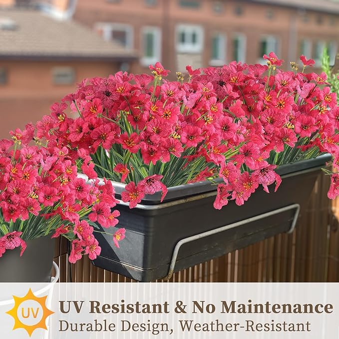 24 Rose Red Bundles Artificial Flowers for Outdoors/Indoors Fake Flowers Plants for Indoor Outside Garden Porch Window Box Home Wedding Farmhouse