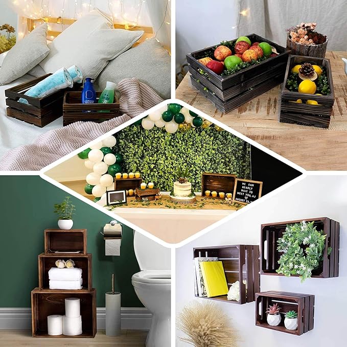 Efavormart Set of 3 Brown Rustic Wooden Nesting Crates with Built-in Handles, Decorative Farmhouse Storage Boxes and Display Containers for Wedding Decor and Storage