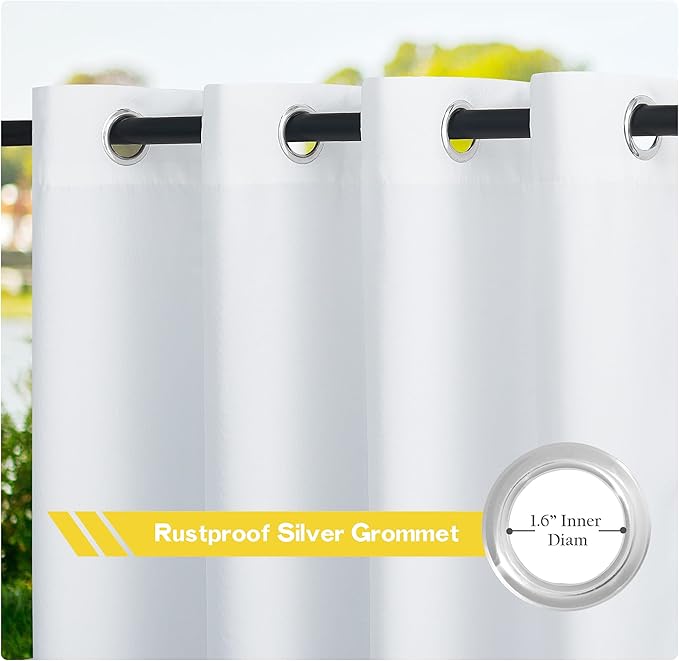NICETOWN Winter White Outdoor Curtains 2 Panels for Patio Waterproof 55'' Wide 108'' Long, Stainless Steel Silver Grommet Privacy Protect Outdoor Drapes for Patio/Front Porch/Pergola