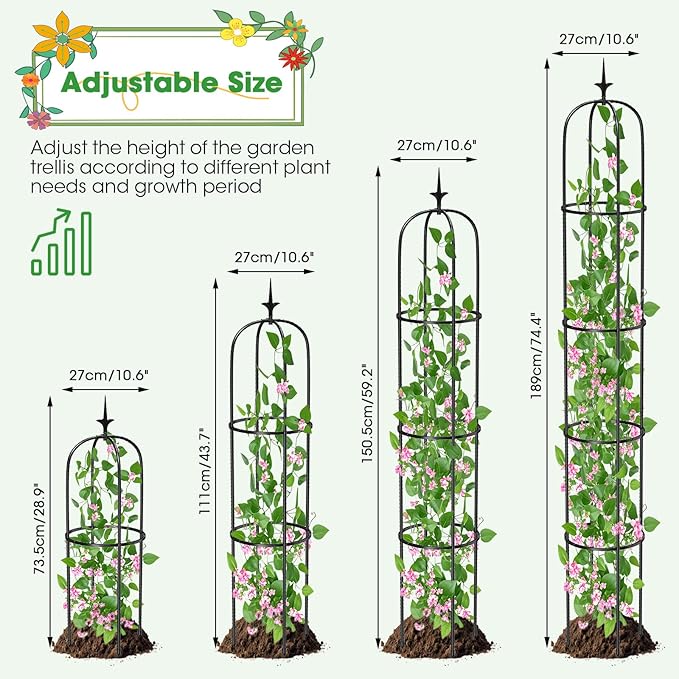 Tower Obelisk Garden Trellis for Climbing Plant，6.2FT/74.4" Rustproof Metal Potted Plant Climbing Support for Indoor Outdoor Flowers Vegetable Fruits Vines Support （1pcs）