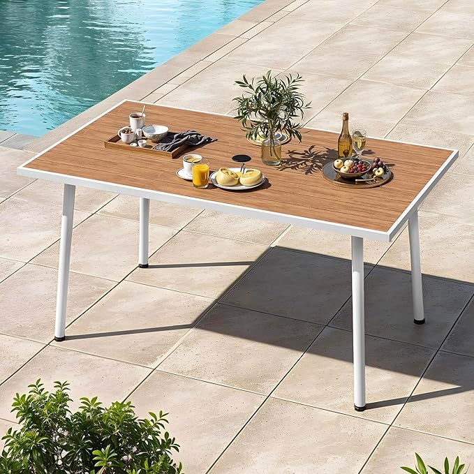 DWVO Patio Table Rectangle 59"x34.2", Patio Dining Table for 6 Weather-Resistant Outdoor Table with Umbrella Hole, Steel Frame, Adjustable Feet for Outdoor/Indoor