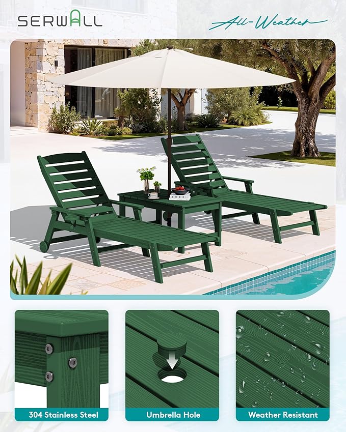 SERWALL Outdoor Coffee Table with 9FT Umbrella, HDPE Patio Coffee Table for Outside, Rectangle, Green(Not Include Umbrella Base)