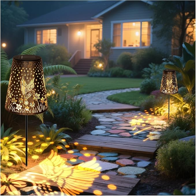Solar Pathway Lights Outdoor, LED Bright Metal Retro Waterproof, Outside Decorative Hummingbird Lanterns Solar Powered for Path Lawn Patio Yard Walkway (Hummingbird 2P)