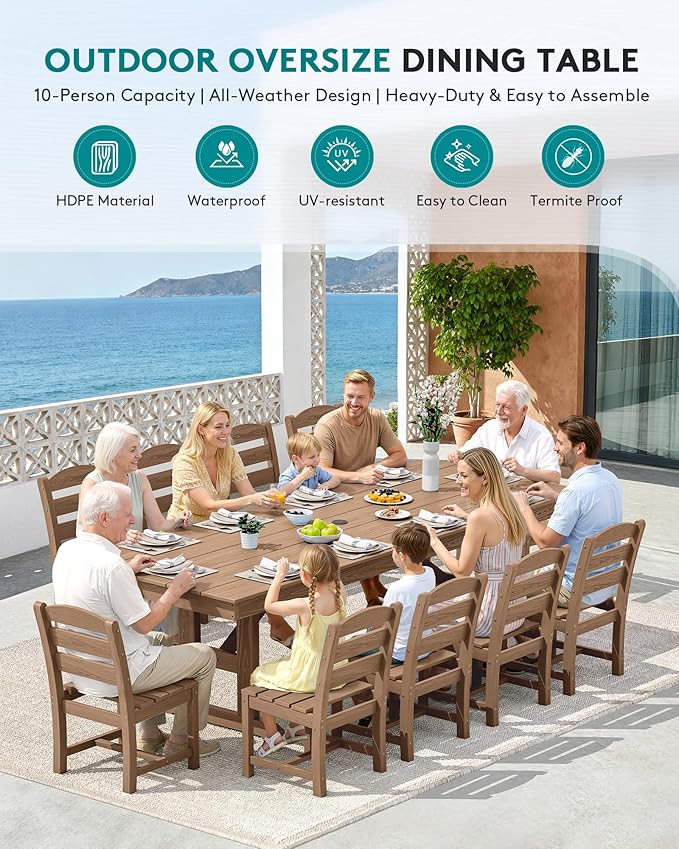 SERWALL 11 Piece Outdoor Dining Set, 84" HDPE Outdoor Large Dining Table and Chairs Set for 10，All Weather Patio Dining Furniture Set with Umbrella Hole for Backyard, Garden, Brown