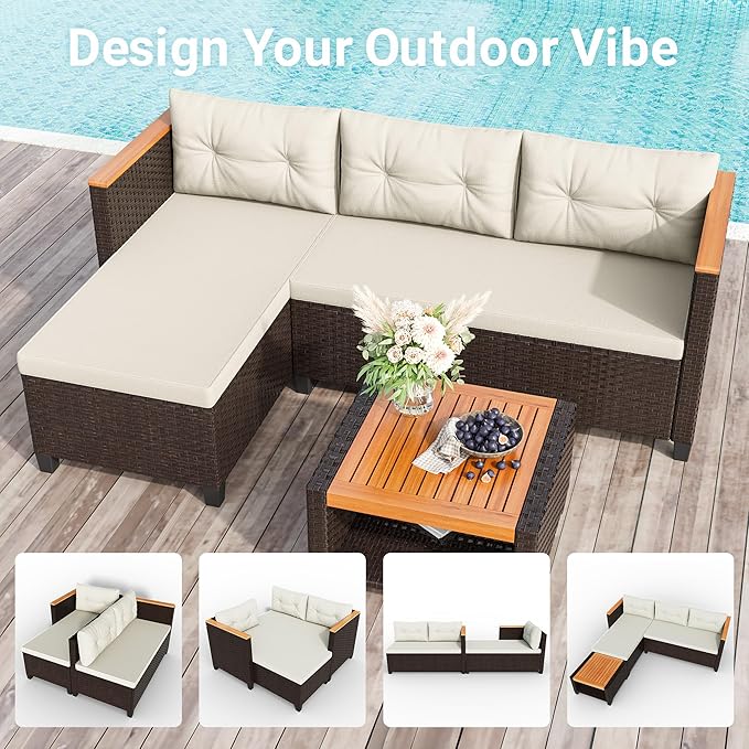 Wisteria Lane Small Patio Furniture Set, All-Weather Wicker Outdoor Sectional with Cushions, L Shape Outdoor Couch with Storage Table, 3 Piece PE Rattan Patio Furniture for Balcony, Beige