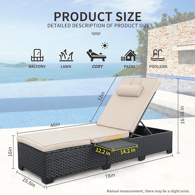 WAROOM Outdoor Chaise Lounge Chairs for Outside Patio Furniture Set of 2 Wicker Recliner Black Rattan Sunbathing Lounger Adjustable Backrest Pool Reclining Chair, Khaki Cushion