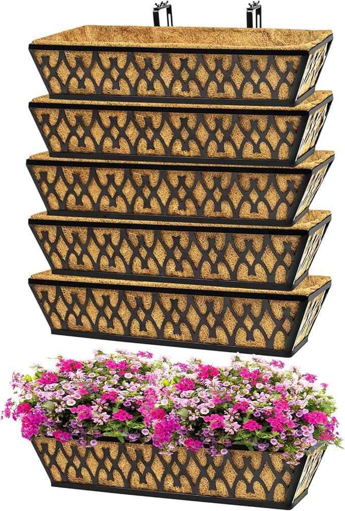 6 Pack 24 Inch Window Boxes Planters Railing Planter Box with Adjustable Brackets for Porch Fence Patio Balcony Hanging Flower Baskets with Coco Liners for Outdoor Garden Decor - Black