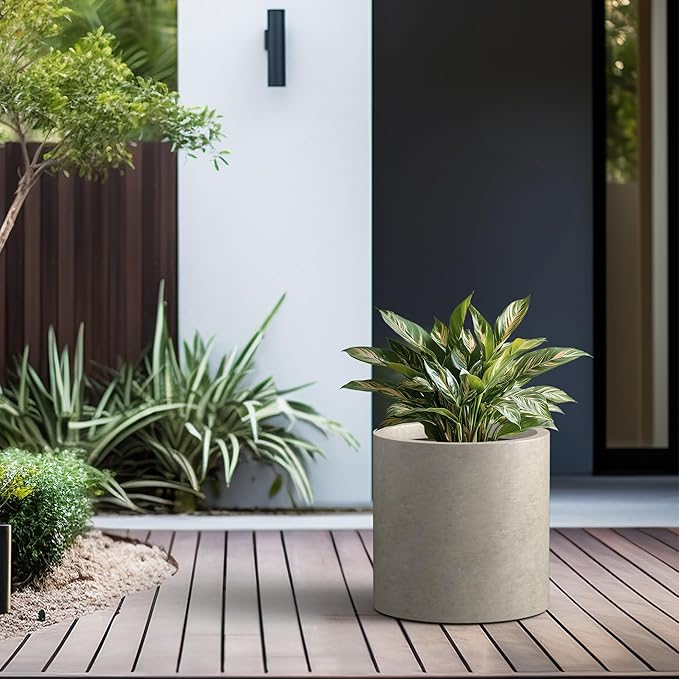 Kante 15.7" Dia Round Concrete Planter, Modern Style Large Cylindrical Plant Pot with Drainage Hole and Rubber Plug for Indoor Outdoor Patio, Weathered Concrete