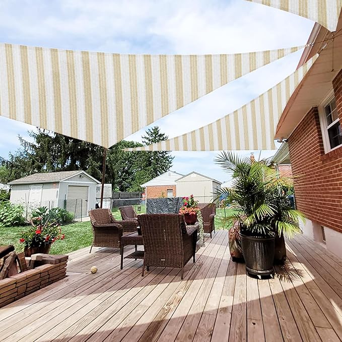 Patio Paradise 16' x 16' x 16' Sun Shade Sail Triangle Canopy Shade Cloth Fabric Sunlight Block Patio Pergola Cover HDPE Deck Awning for Outdoor Backyard Roof Shading, Beige White Strip