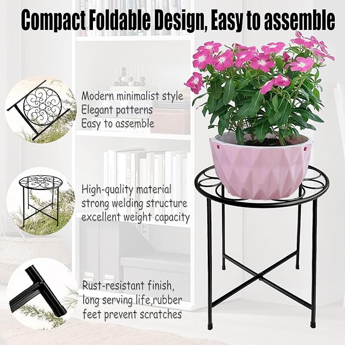 Plant Stand, 15'' Tall Indoor Outdoor Set of 1, Retro Design Round, Rust-Proof Coated Metal Pot Stand for Flowers, Patio Garden Home Decor - Black