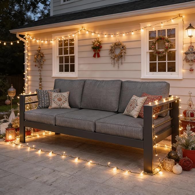 Kiss the Water Outdoor Couch Aluminum Patio Furniture Sofa, 3 Seat All-Weather Metal Patio Couch with 5" Thick and Soft Cushion and Wide Arm, Outdoor Sofa for Balcony, Porch