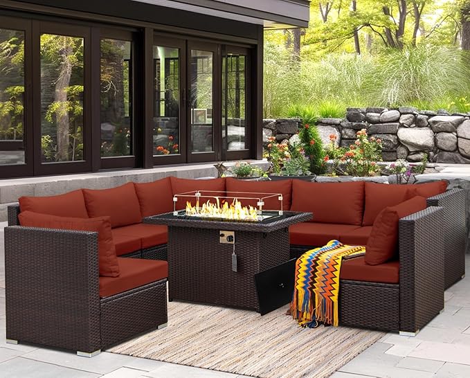 NICESOUL 9 Pcs Large Patio Furniture Set with Fire Pit Propane/Natural Gas, 29.3'' High Back Wicker Outdoor Sectional for 8 People, Modular Deep Sofa Conversation Sets, Brown Rattan and Red Cushion