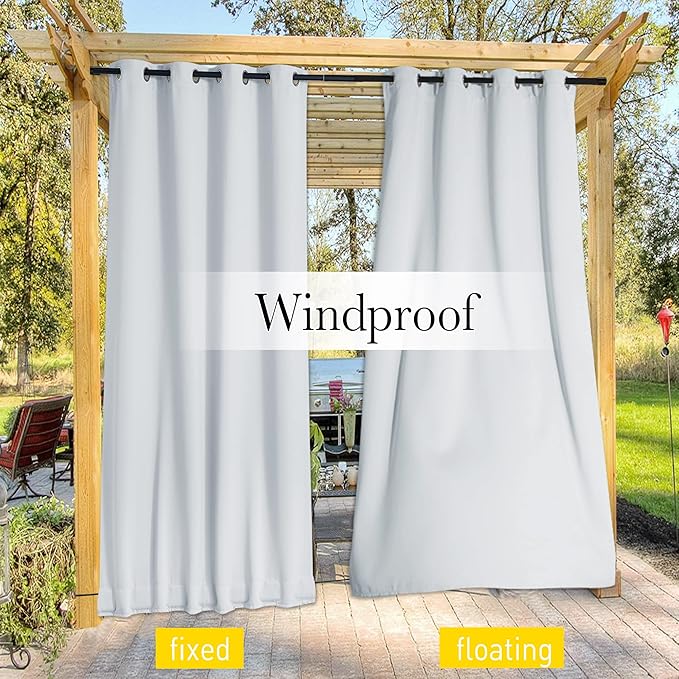 NICETOWN 2 Panels Greyish White Privacy Outdoor Curtains for Patio, Waterproof Thermal Insulated Grommet & Back Tab on Top and Bottom Windproof Drapes with Fixed Rope for Porch, W52 x L108
