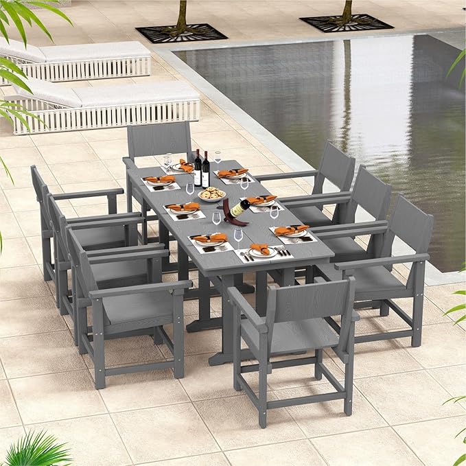9-Piece Outdoor Dining Set, HDPE Weatherproof Patio Table and Chairs Set for 8, Outdoor Patio Furniture Sets with Umbrella Hole for Outside, Deck, Backyard, Garden (Grey)