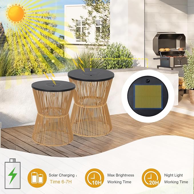 HMVPL Solar Outdoor Side Table with Dimmable Light, Patio Side Tables for Outside, Round Outdoor End Tables Set of 2, Plastic Rattan Patio End Accent Table for Poolside Backyard Gazebo, Dusk to Dawn