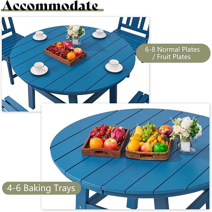 AMERLIFE 5 Piece HDPE Outdoor Dining Table & Chairs Set, All-Weather Patio Table and Chairs Set Furniture with Umbrella Hole for Garden, Backyard, Poolside, Seaside, Blue