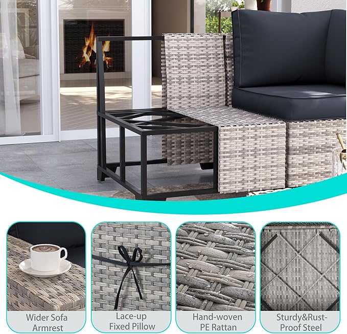 13-Piece Outdoor Patio Furniture Set with 55,000 BTU Fire Pit Table, PE Wicker Rattan Sectional Sofa Patio Conversation Set with Coffee Table, Dark Grey