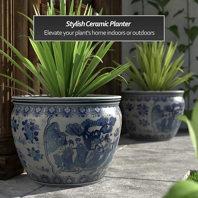 Red Lantern Large 20" Ladies Blue & White Porcelain Fishbowl Planter or Cachepot for Indoor/Outdoor Use in Garden Entryway Living Room Boho Eclectic Modern Contemporary Classic Traditional Style Decor