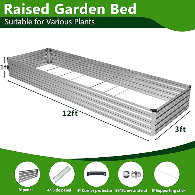 2PCS 12x3x1ft Galvanized Raised Garden Bed Kit, Galvanized Planter Raised Garden Boxes Outdoor, Large Metal Raised Garden Beds for Vegetables,Silver