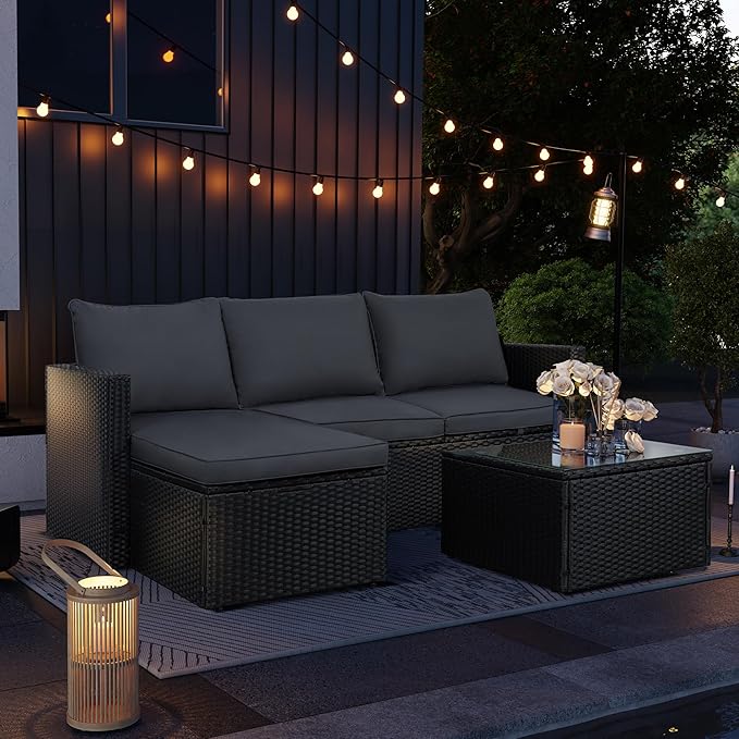 3-Piece Outdoor Patio Sectional Sofa Set with Glass Coffee Table & Ottoman — All-Weather PE Rattan Conversation Furniture, Black Rattan & Grey Cushions, Perfect for Garden, Backyard, Deck, Grey