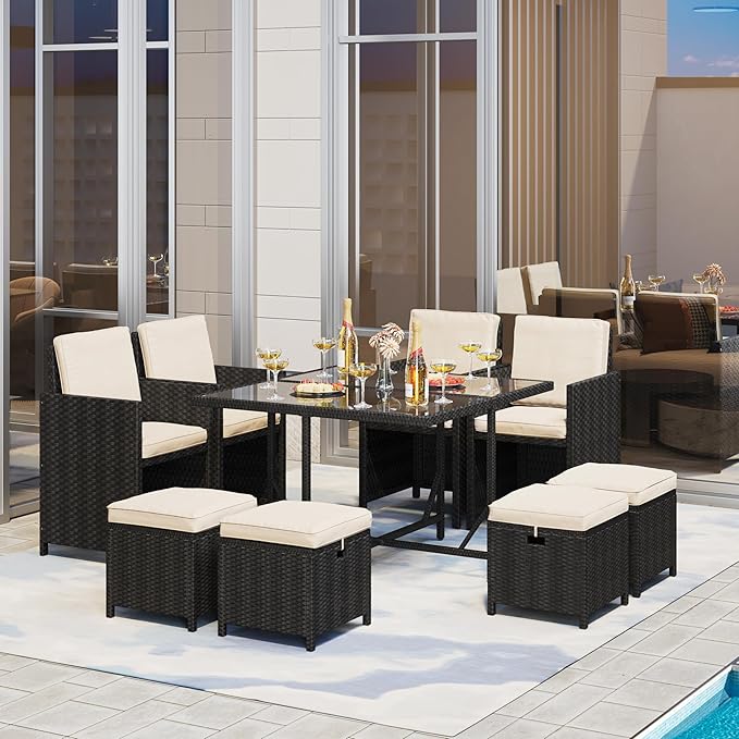 Yaheetech 9-Piece Patio Dining Sets, Outdoor Space Saving Rattan Chairs with Glass Table, Wicker Sectional Conversation Furniture Set with Removeable Cushions, Black/Beige