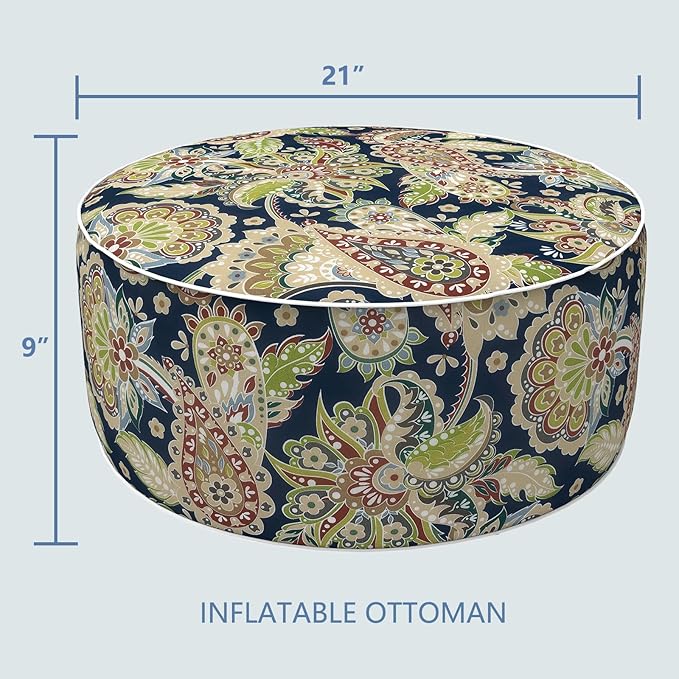 LVTXIII Inflatable Stool Ottoman Footrest with Handle, Decorative Fade-Resistant Foot Stool, Indoor or Outdoor Pouf for Home Garden and Camping Use, 21x21x9, Paisley Sapphire Blue