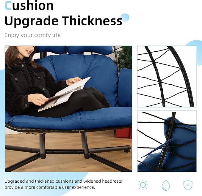 Double Egg Chair with Stand Hammock Swing Chair Foldable Hanging Loveseat, UV Resistant Removable Cushions, 700LBS Capacity for Bedroom, Balcony, Garden(BK-BL)