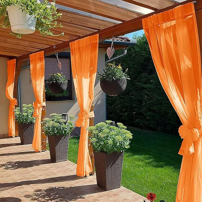 SpaceDresser Waterproof Outdoor Sheer Curtains for Patio - 2 Panels Rod Pocket Indoor Voile Sheer Curtain for Living Room,100W x 96L inch, Orange