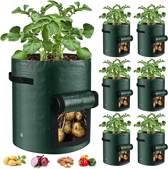 6 Pack Potato Grow Bags, 10 Gallon Planting Bags Durable PE Vegetable Planter with Flap and Handles Large Garden Pot Tall Potato Growing Containers for Vegetables, Fruits and More