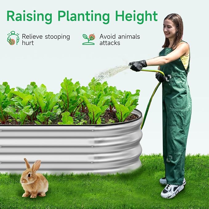 GreatBuddy Galvanized Raised Garden Bed 8×2×1ft, Easy Assembly Outdoor Metal Planter Boxes for Vegetables, Flower, Herb, Anti-Rust& Weather-Resistant, Oval, Silver