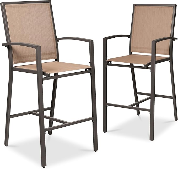 Best Choice Products Outdoor Bar Stools Set of 2, Bar Height, Patio Furniture, All Weather Mesh Design w/Armrest - Brown/Light Brown