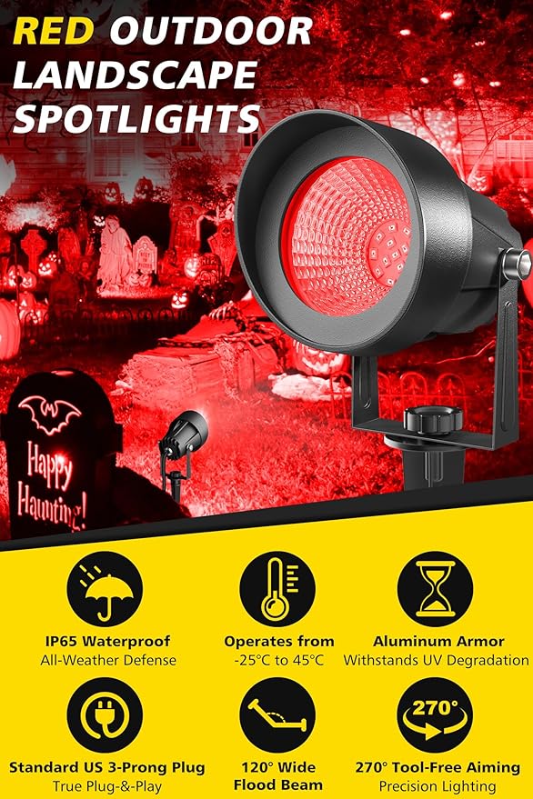 T-SUN Red Spotlight Outdoor, Waterproof LED Landscape Lighting with US Plug, Easy Install 270° Adjustable Outdoor Spot Lights for Garden Tree Yard Decor, Set of 2