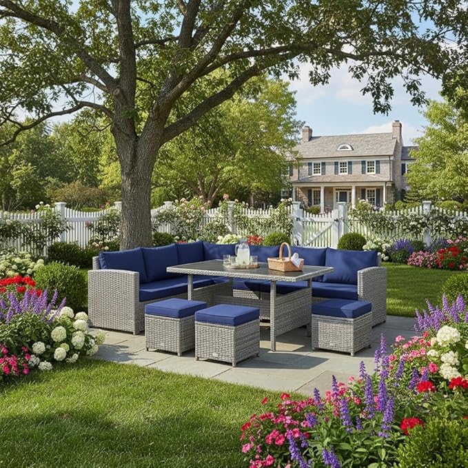Tangkula 7 Pieces Patio Furniture Set, Outdoor Sectional Rattan Dining Sofa Set with Cushions, All Weather Wicker Conversation Couch Set with Dining Table & Ottomans for Yard Garden Poolside, Navy