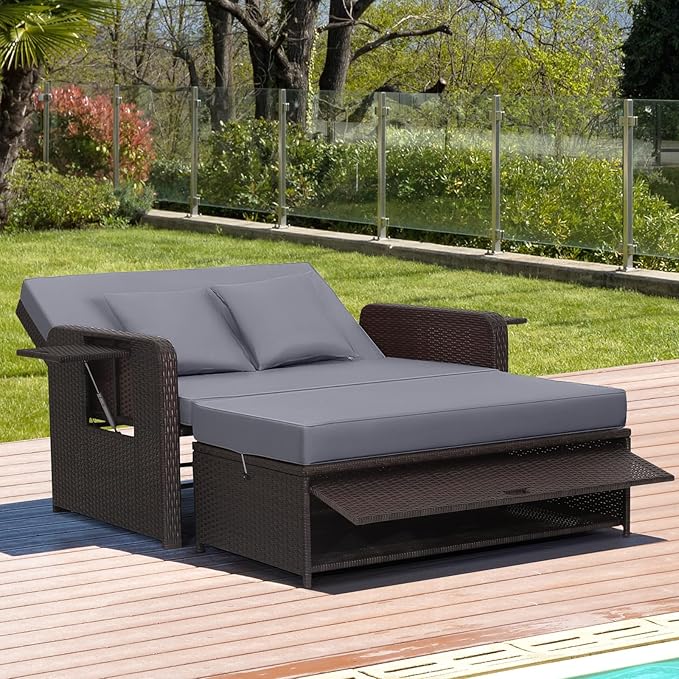 Tangkula Patio Rattan Daybed with 4-Level Adjustable Backrest, Outdoor PE Wicker Loveseat with Storage Ottoman & Folding Side Tray, Double Sunbed Lounger for Balcony, Backyard & Poolside, Grey & Brown