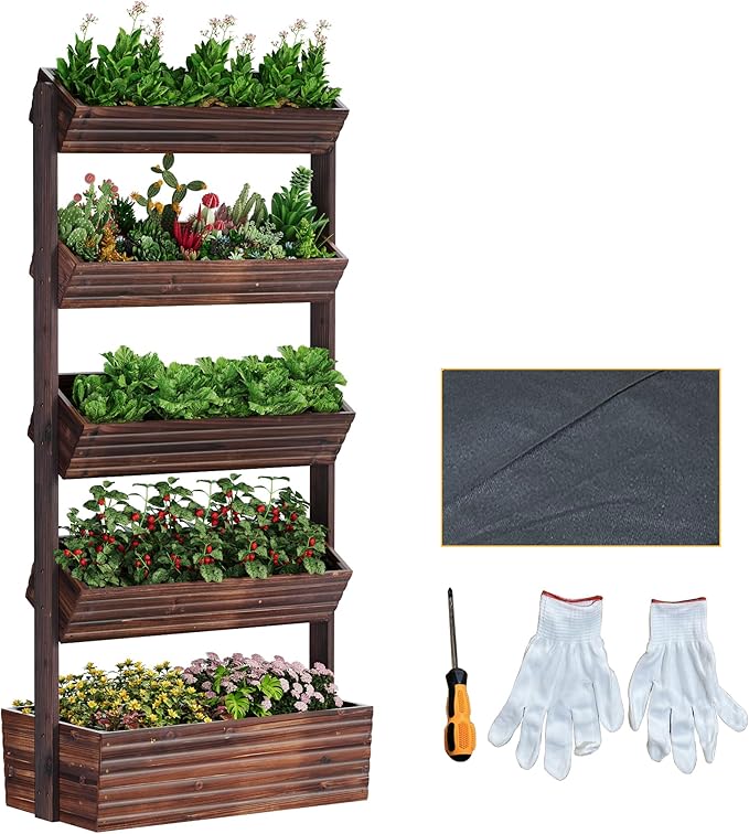 Vertical Wooden Raised Garden Bed Planters Wood Planter Kit Plant Stand Flower Rack Planter Box Gardening Plants Herbs Flowers Vegetables Outdoor Indoor Freestanding (Carbonized 5-Tier)