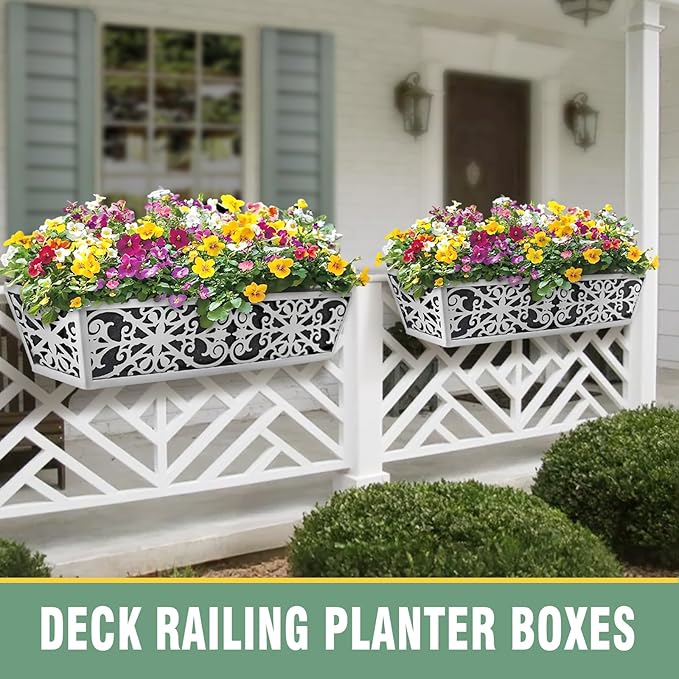 4 Pack 30 Inch Window Boxes Planter for Outdoor Plants Deck Railing Planters Box with Adjustable Brackets for Porch Fence Balcony Hanging Flower Baskets with Non-Woven Fabric Liner for Garden Décor