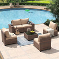 Aoxun 6 Piece Patio Furniture Set with Wide Armrests Wicker Rattan Outdoor Sectional Sofa Set with Coffee Table and Thickened Cushions, Brown/Beige(Waterproof Cover Included)