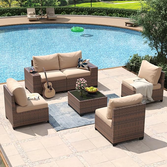 Aoxun 6 Piece Patio Furniture Set with Wide Armrests Wicker Rattan Outdoor Sectional Sofa Set with Coffee Table and Thickened Cushions, Brown/Beige(Waterproof Cover Included)