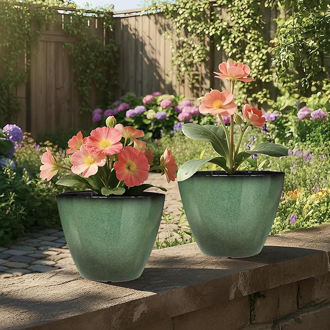 2 Pack Plant Pots for Indoor Outdoor Plants, 8 inch Plastic Flower Pots, Glazed Planter for Aloe, Herbs, Cactus (Green, 2pcs)