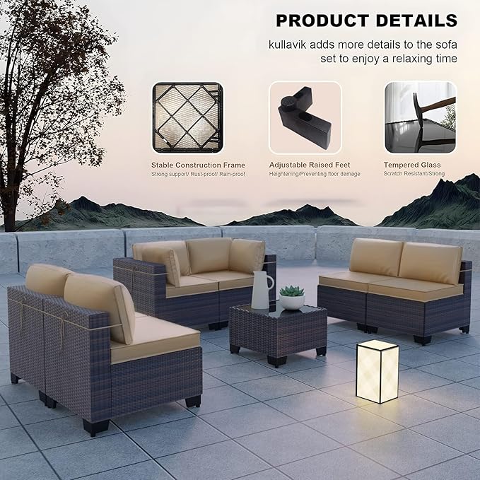 Kullavik 7 Pieces Outdoor Patio Furniture Set PE Wicker Rattan Sectional Sofa Patio Conversation Sets,Sand