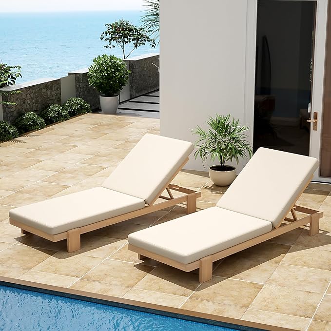 Christopher Knight Home Duska Acacia Wood Chaise Lounge Chair Set of 2, Patio Outdoor Chaise Lounge with Cushions, Adjustable Backrest Single Lounge Sofa, Garden Poolside Backyard Seating, Teak+Beige
