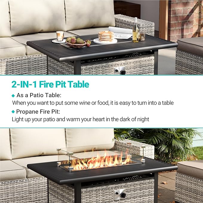 10-Piece Outdoor Patio Furniture Set with Rocking Swivel Chair, PE Wicker Rattan Sectional Sofa Patio Conversation Set with 55,000 BTU Fire Pit Table & Coffee Table, White