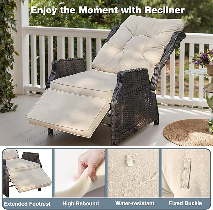 Outdoor Indoor Wicker Recliner with Adjustable Back and Footrest, Patio Reclining Chair with Flip-up Table, Outdoor Rattan Lounge Chair, Upgrade Beige