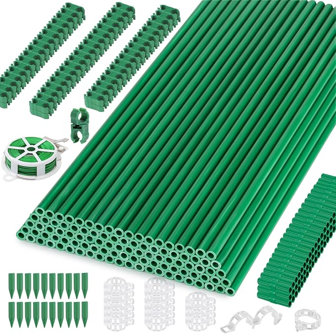 Cludoo 342PCS Garden Stakes Set with 100 Sets Fiberglass Plant Stakes Sticks Supports and Accessories, DIY 4ft 5ft 6ft 7ft Tomato Stakes for Tomato,Vegetables, Pepper, Indoor Outdoor Spring Plants