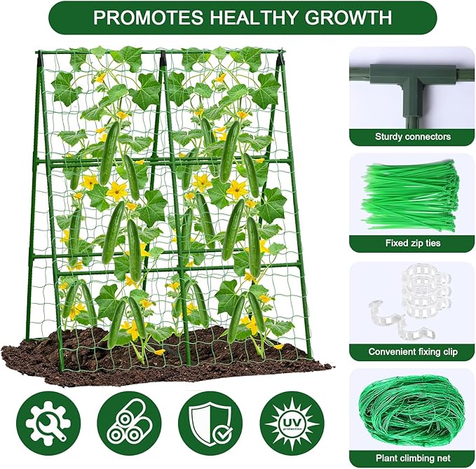 2-Pack A-Frame Cucumber Trellis for Raised Bed - 33"x47" Foldable Garden Trellis with Net & Clips|Space-Saving Metal Plant Support for Cucumber, Tomato, Peas|Rust-Proof Outdoor Climbing Plants Trellis